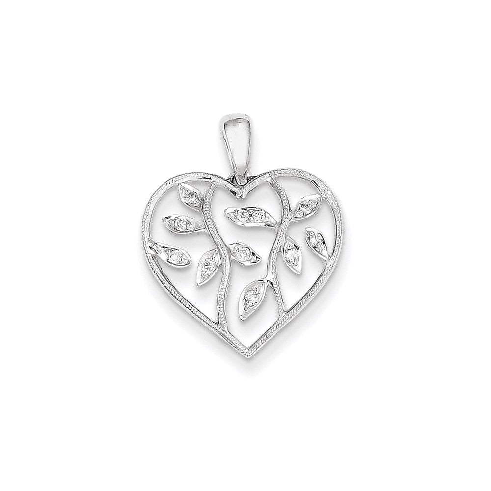 14K Weißgold Herzanhänger mit echten Diamanten und Blättern