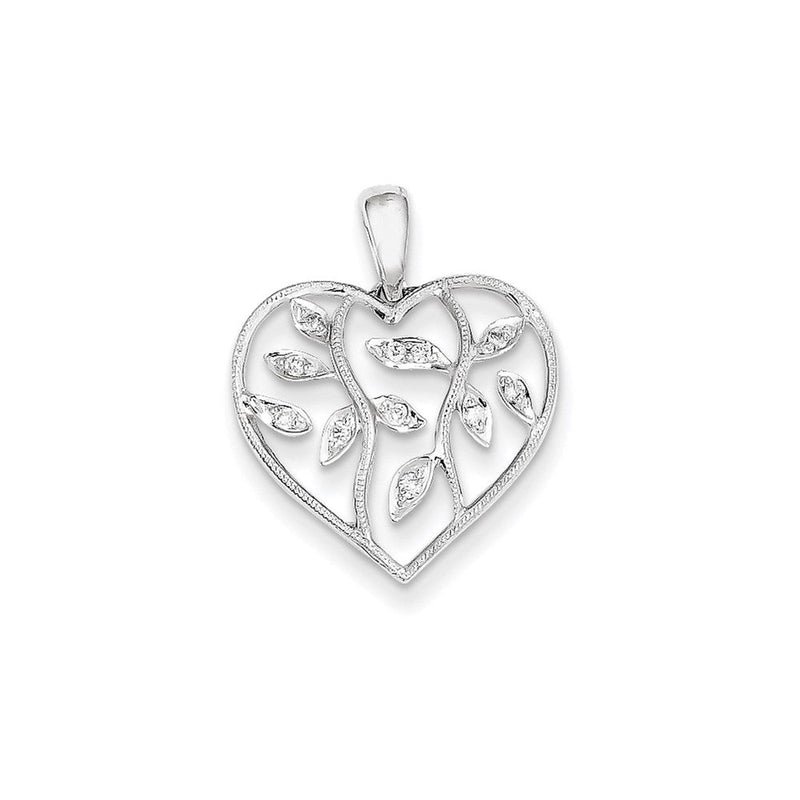 14K Weißgold Herzanhänger mit echten Diamanten und Blättern