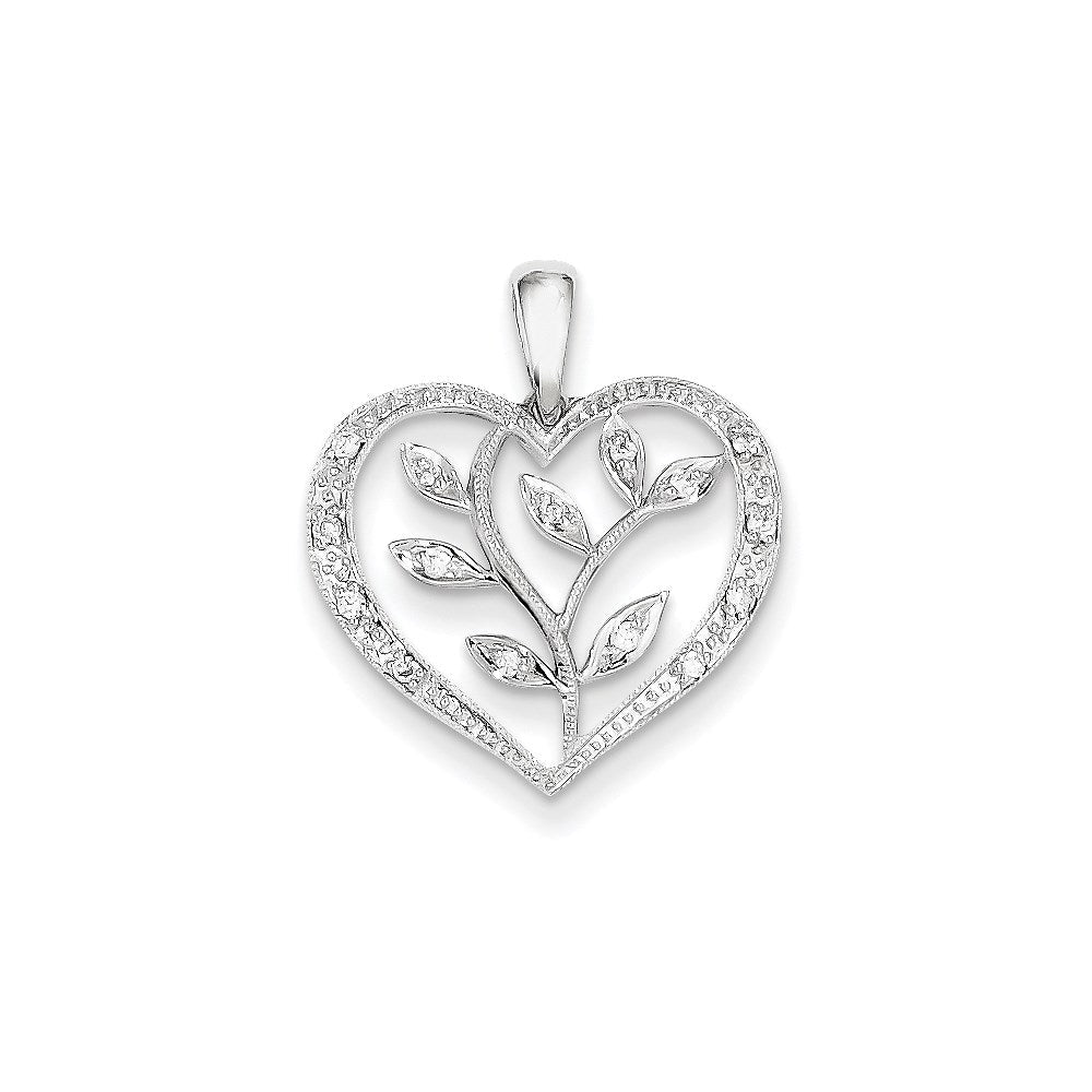14K Weißgold Herz-Anhänger mit Blättern und echten Diamanten