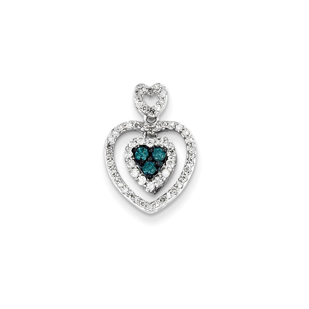 14K Weißgold Anhänger mit weißem und blauem Diamant, doppeltes Herz