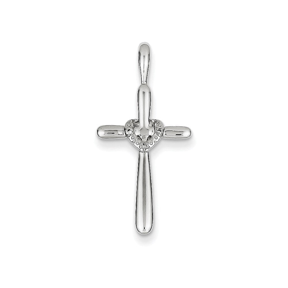 14K Weißgold Kreuzanhänger mit Herz und echten Diamanten