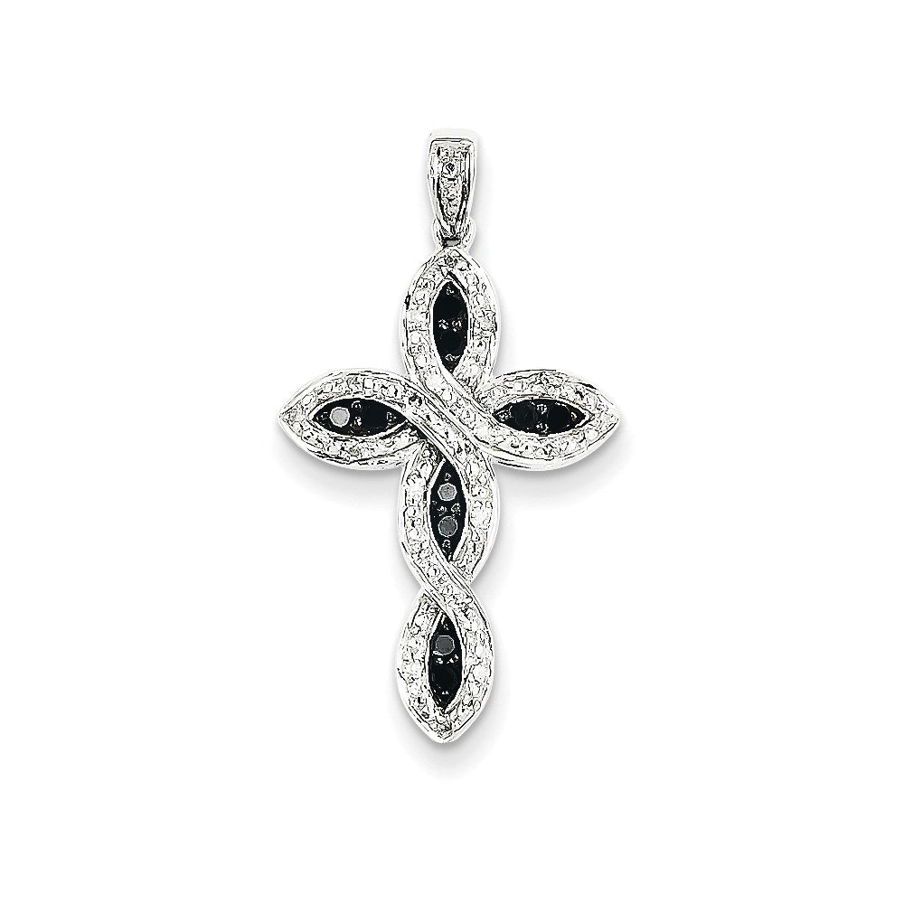 Kreuzanhänger mit weißen & schwarzen echten Diamanten aus 14K Weißgold