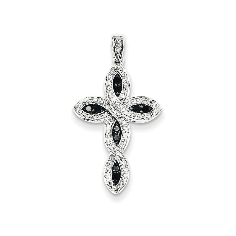 Kreuzanhänger mit weißen & schwarzen echten Diamanten aus 14K Weißgold