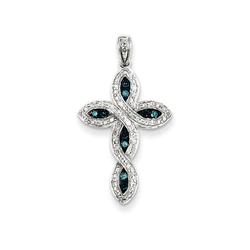 14K Weißgold Kreuzanhänger mit weißen und blauen Diamanten