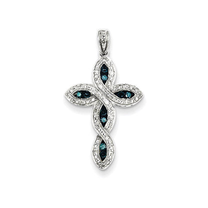14K Weißgold Kreuzanhänger mit weißen und blauen Diamanten
