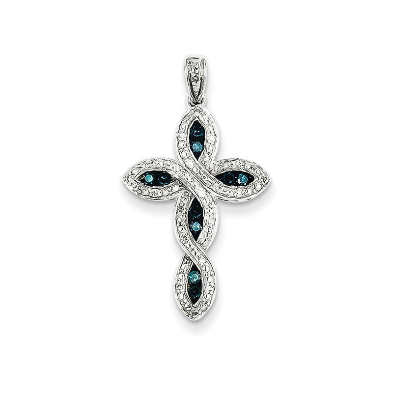 14K Weißgold Kreuzanhänger mit weißen und blauen Diamanten