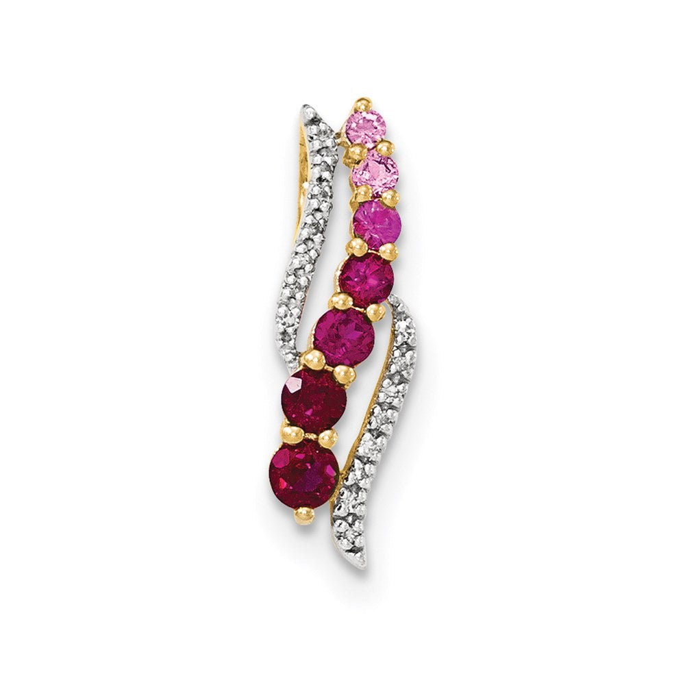 14K Gelbgold-Anhänger mit synthetischem Rosa-Saphir/synthetischem Rubin und echtem Diamant