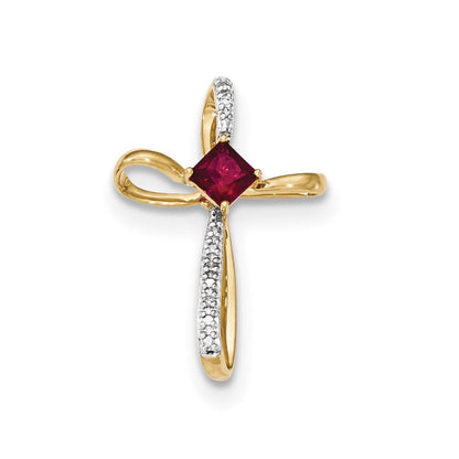 Kreuzanhänger aus 14K Gelbgold mit im Labor gezüchtetem Rubin und echtem Diamant
