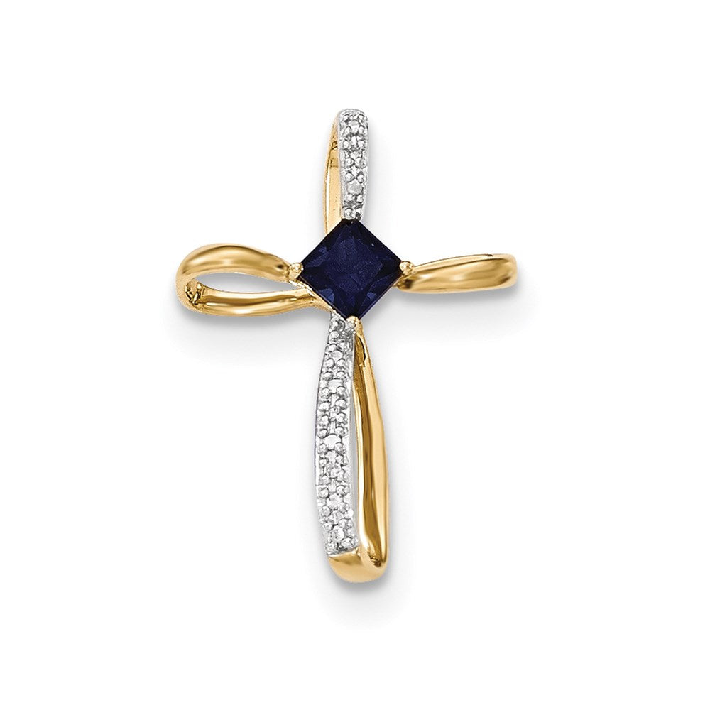14K Gelbgold Anhänger Kreuz mit synthetischem Saphir und echten Diamanten