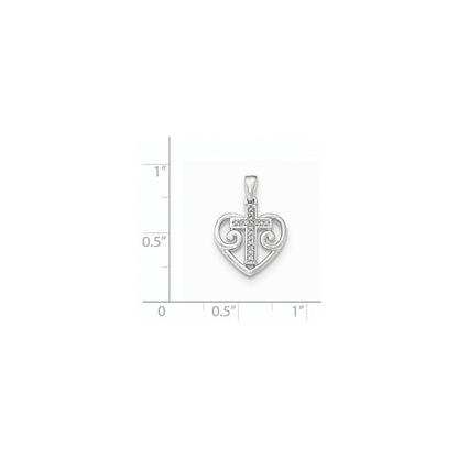 14K Weißgold Herz-Anhänger mit echtem Diamant-Kreuz