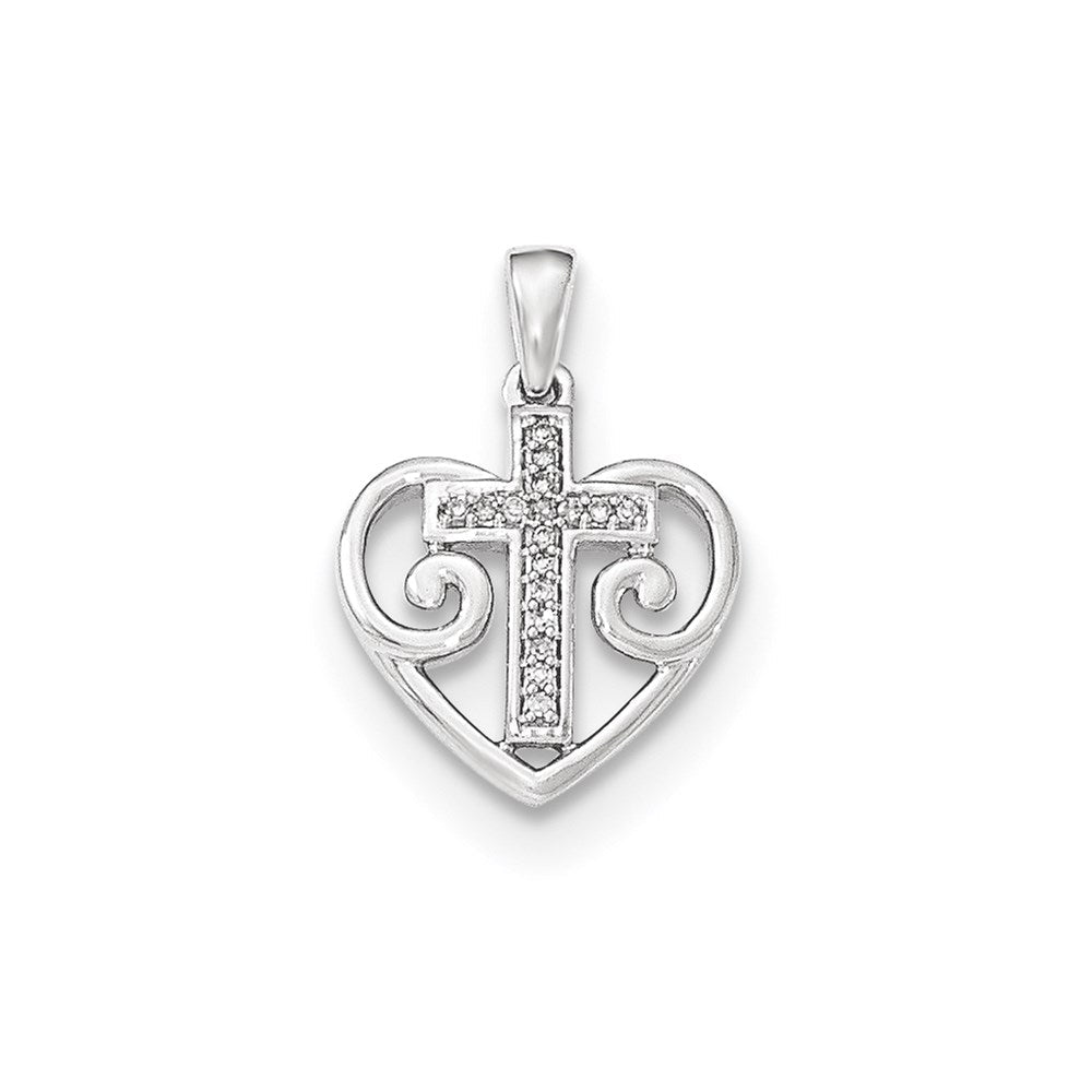 14K Weißgold Herz-Anhänger mit echtem Diamant-Kreuz