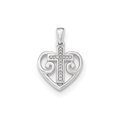 14K Weißgold Herz-Anhänger mit echtem Diamant-Kreuz