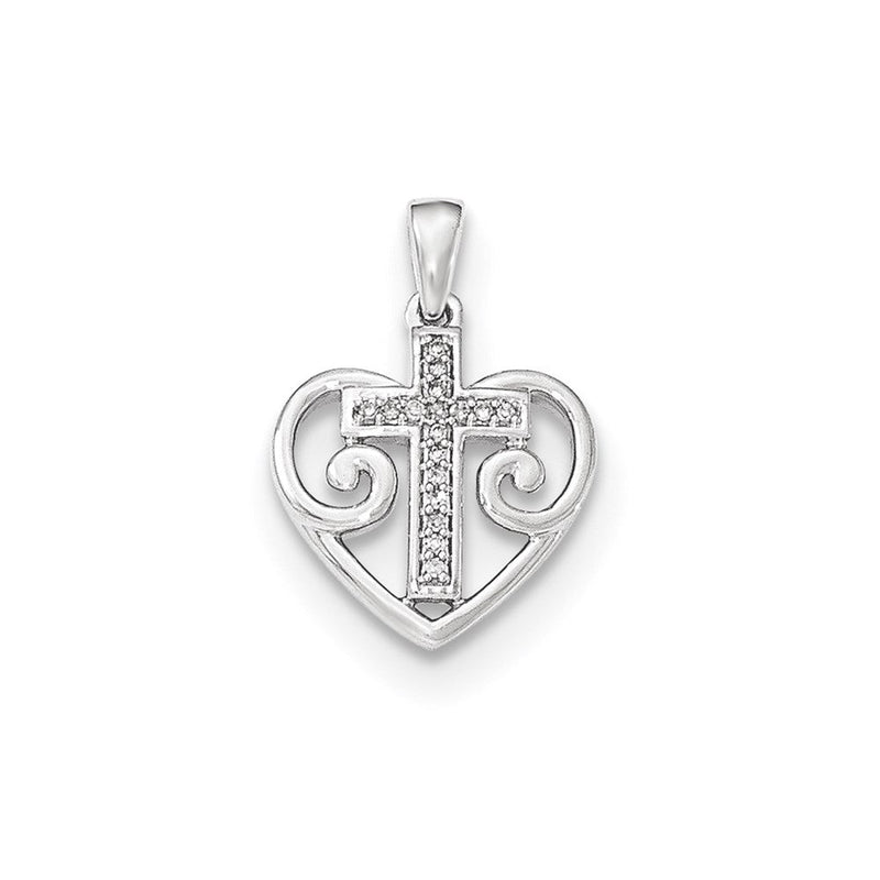 14K Weißgold Herz-Anhänger mit echtem Diamant-Kreuz