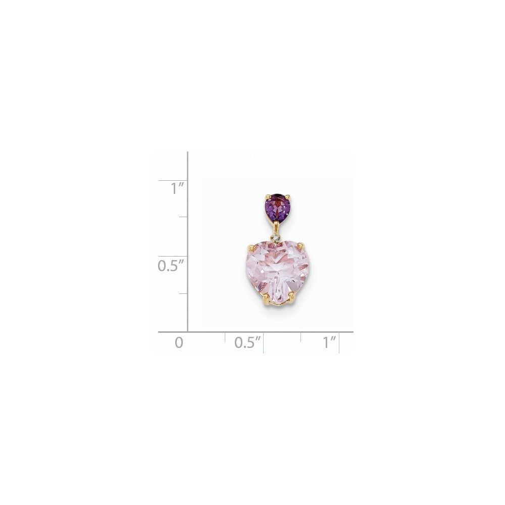 14K Gelbgold Anhänger mit rosa Quarz, Amethyst und echten Diamanten