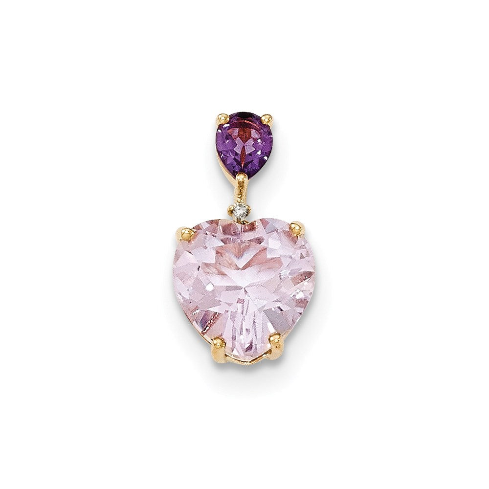 14K Gelbgold Anhänger mit rosa Quarz, Amethyst und echten Diamanten