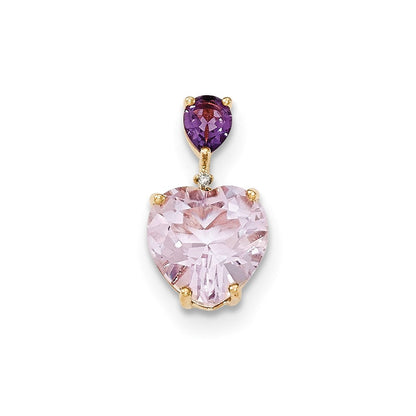14K Gelbgold Anhänger mit rosa Quarz, Amethyst und echten Diamanten