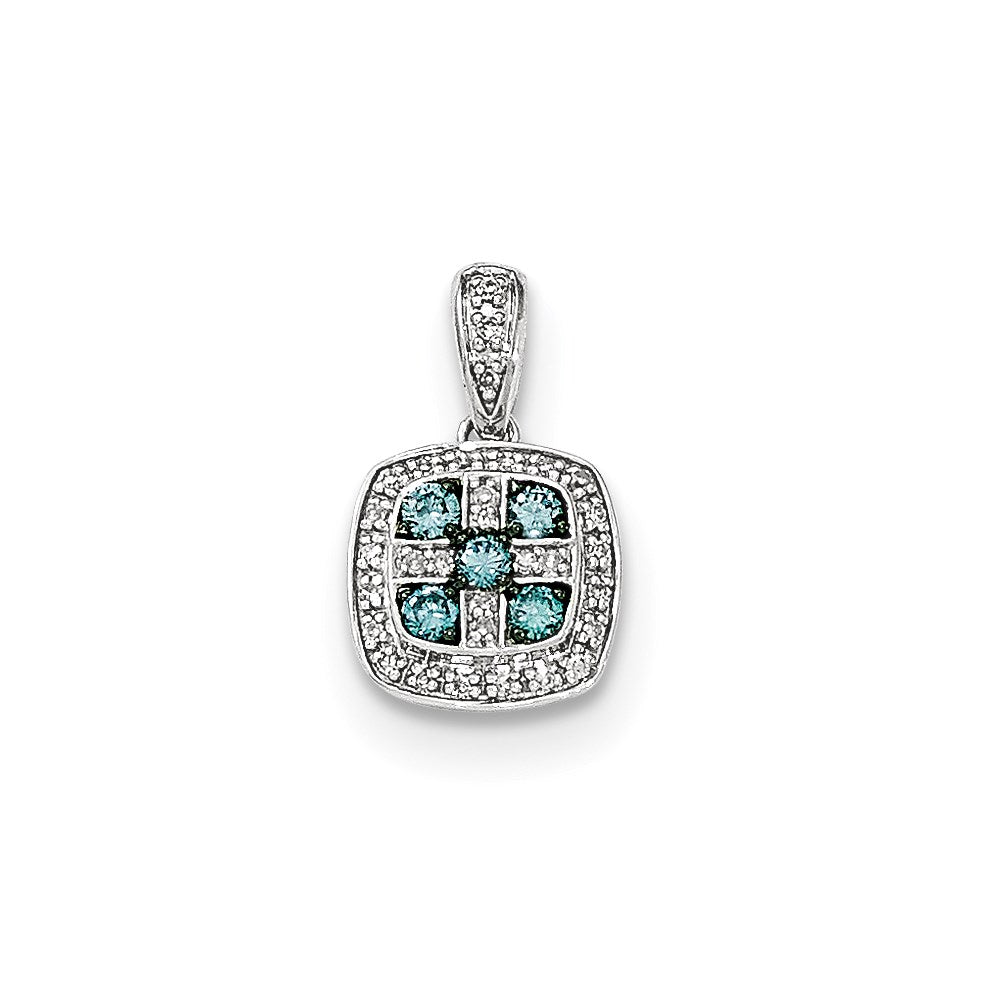 14K Weißgold Anhänger, quadratisch, mit weißen und blauen Diamanten