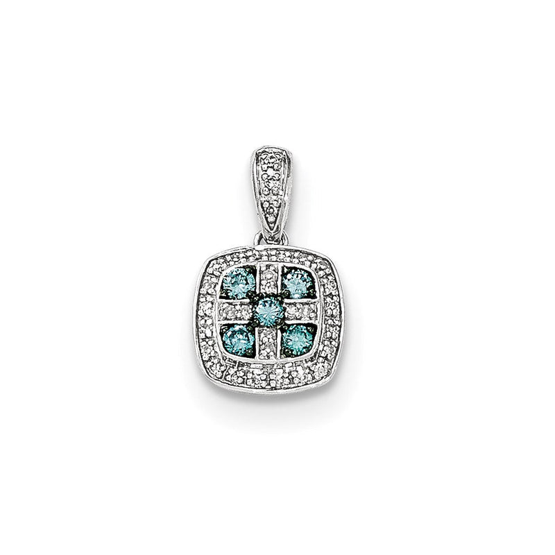 14K Weißgold Anhänger, quadratisch, mit weißen und blauen Diamanten