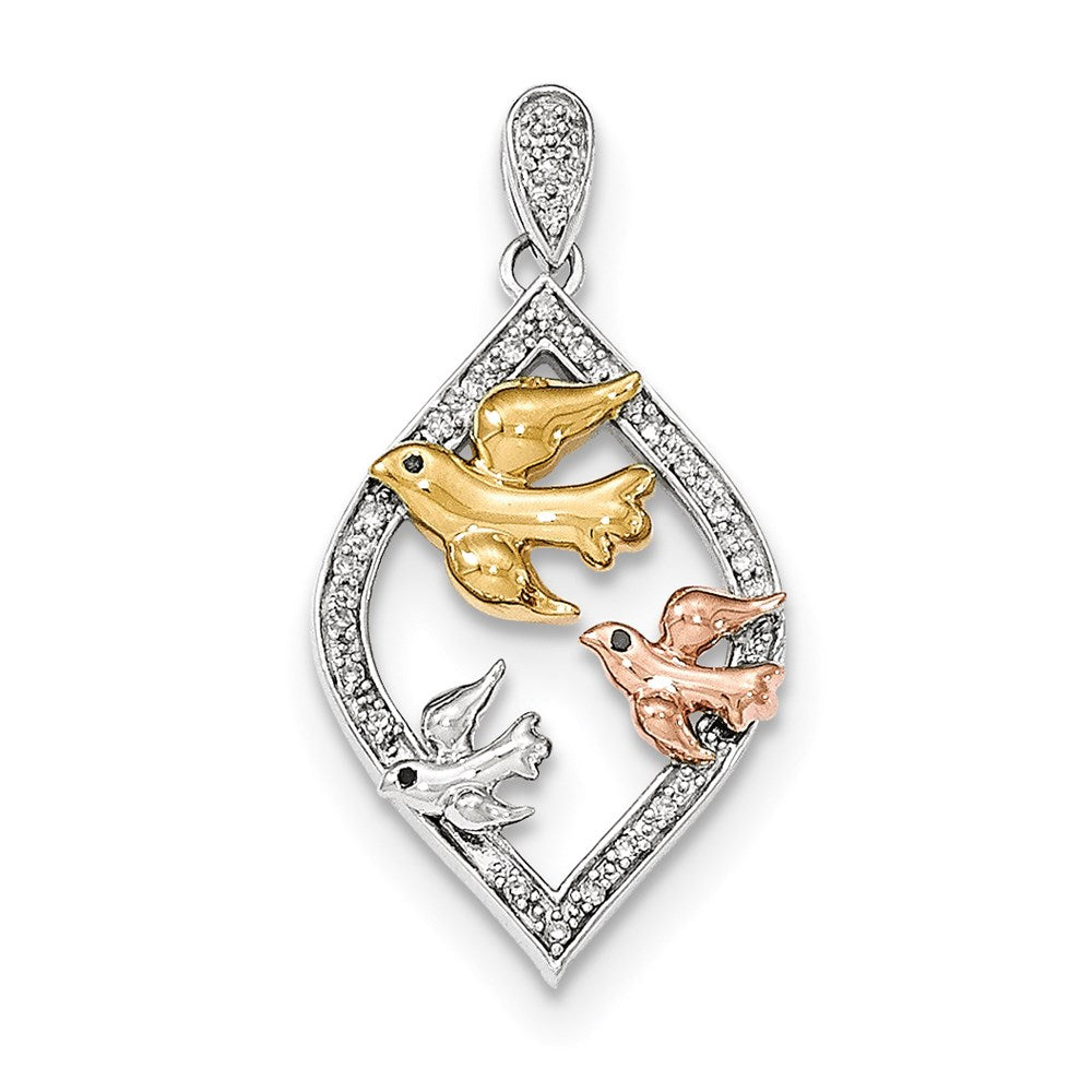 14K Tricolor-Gold Echtdiamant-Anhänger mit 3 Tauben