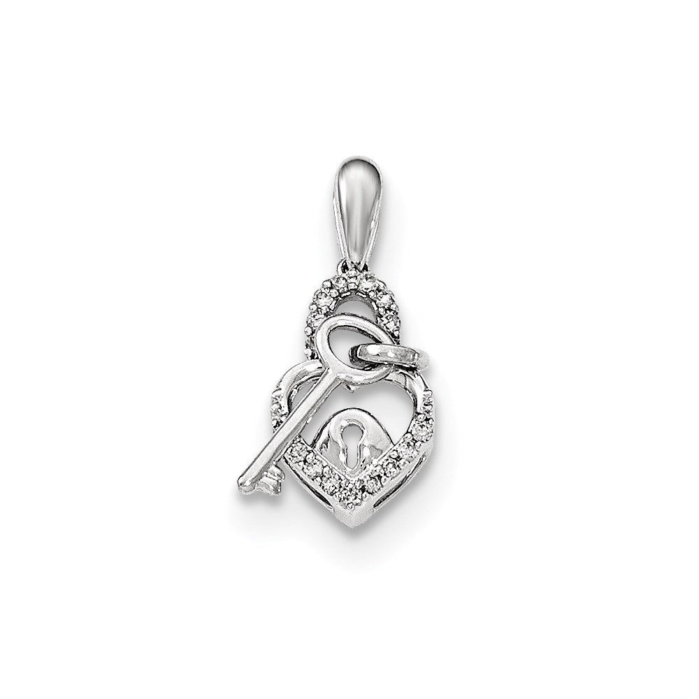 14K Weißgold Herz-Schloss-und-Schlüssel-Anhänger mit echtem Diamant