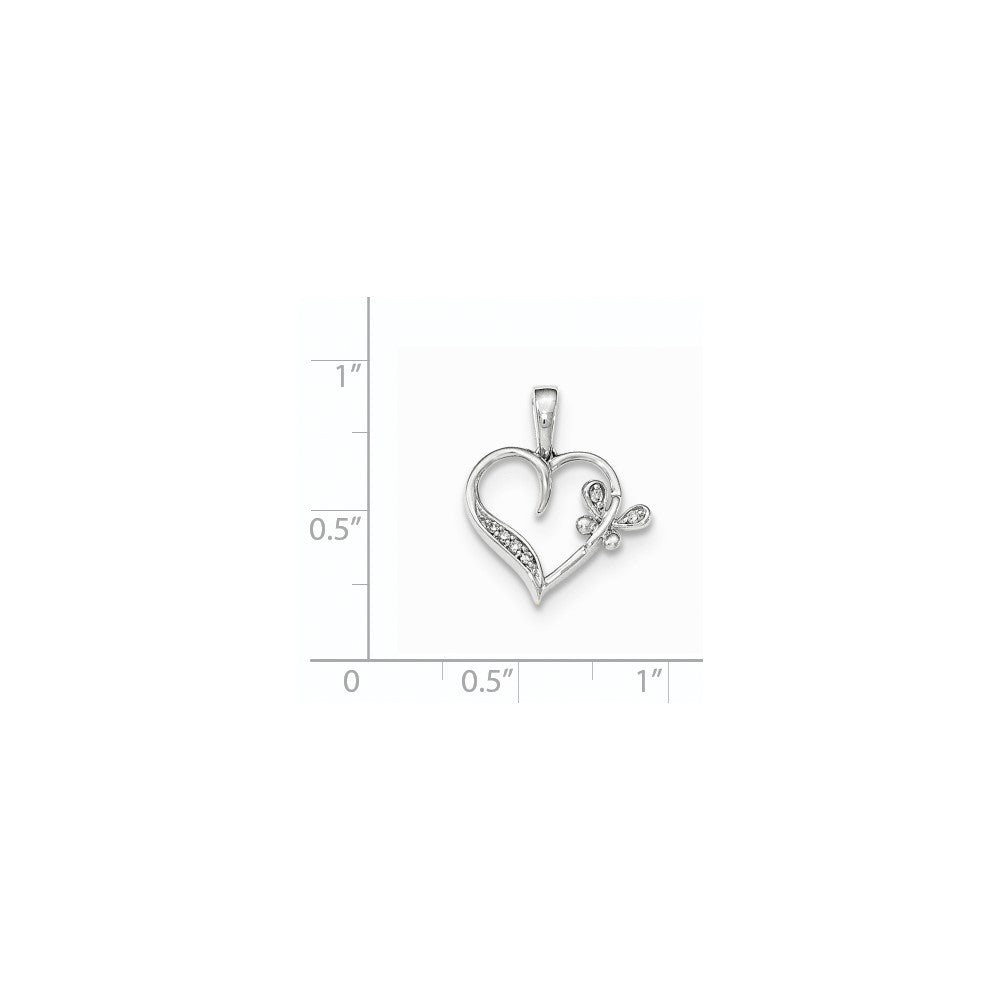 14kt Weißgold Polierter Herz-Anhänger mit Schmetterling und echten Diamanten