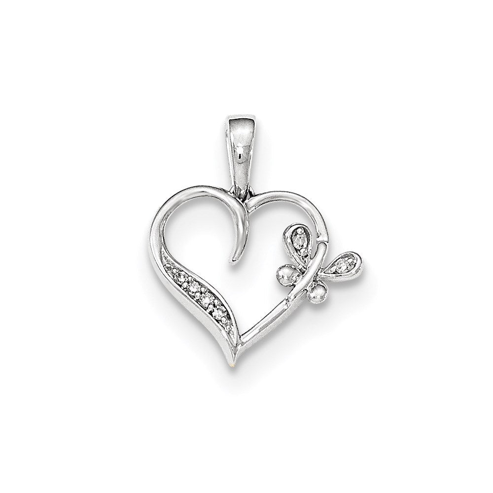 14kt Weißgold Polierter Herz-Anhänger mit Schmetterling und echten Diamanten