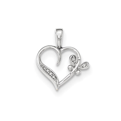 14kt Weißgold Polierter Herz-Anhänger mit Schmetterling und echten Diamanten