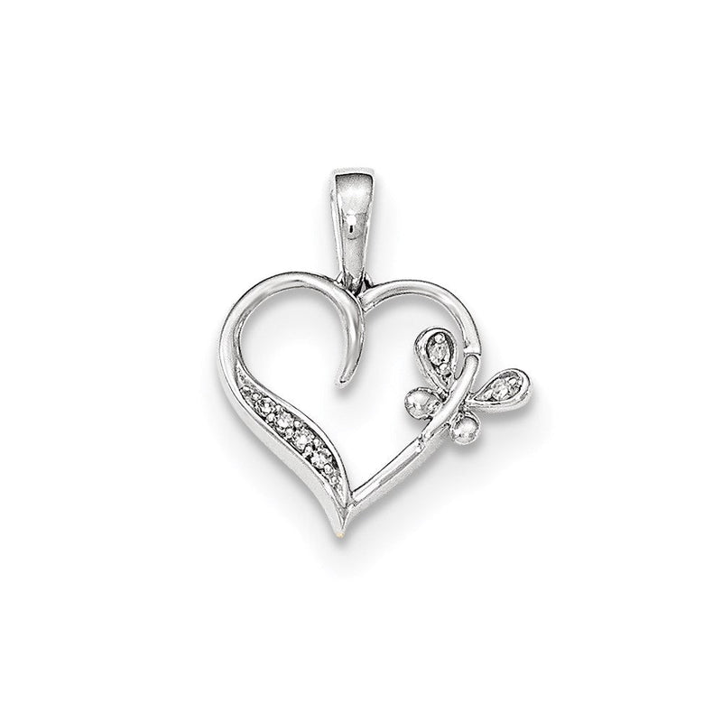 14kt Weißgold Polierter Herz-Anhänger mit Schmetterling und echten Diamanten