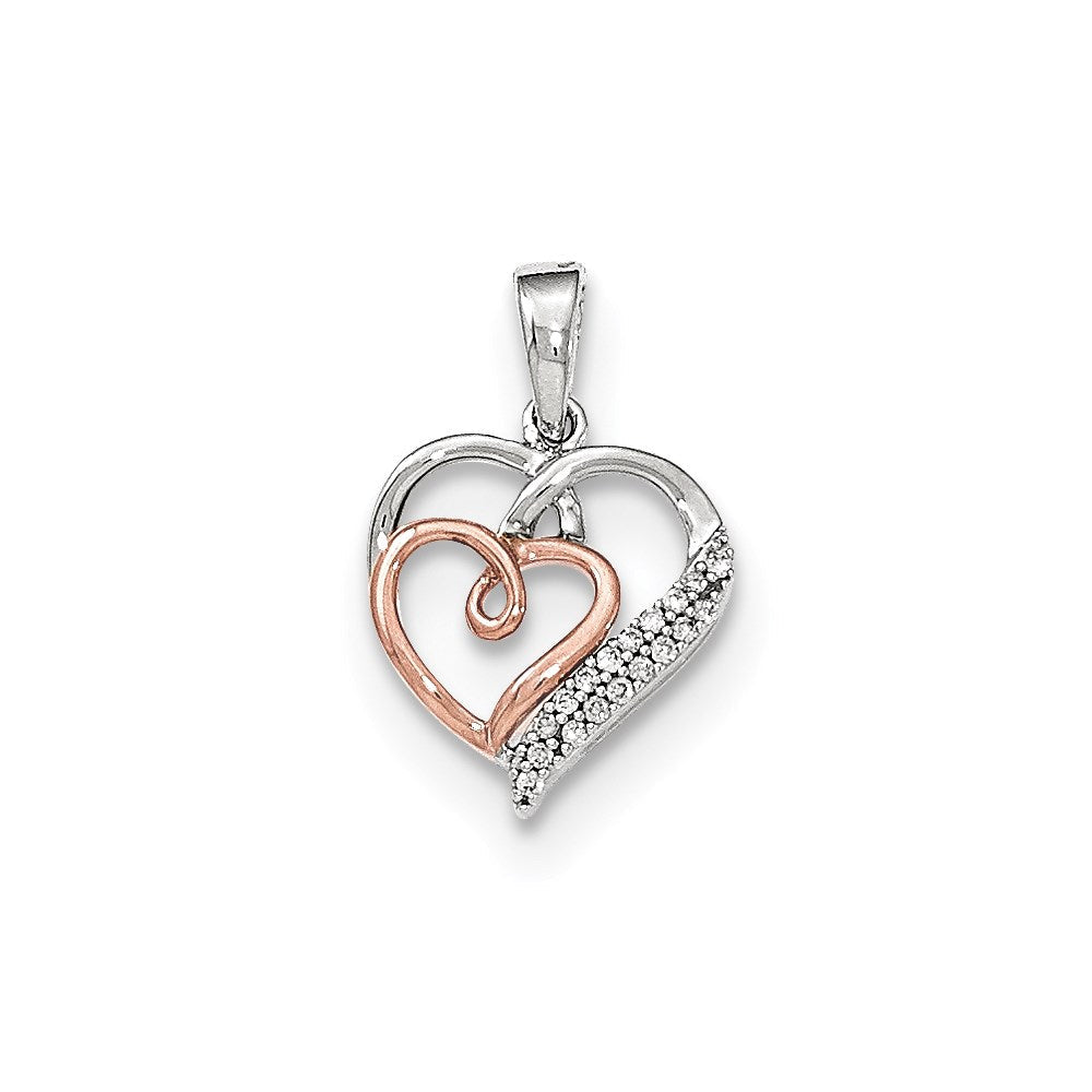 14K Weiß- und Roségold Anhänger mit Doppelherz und echten Diamanten