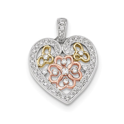 14K Tricolor-Gold Herzanhänger mit echtem Diamant im Blumendesign