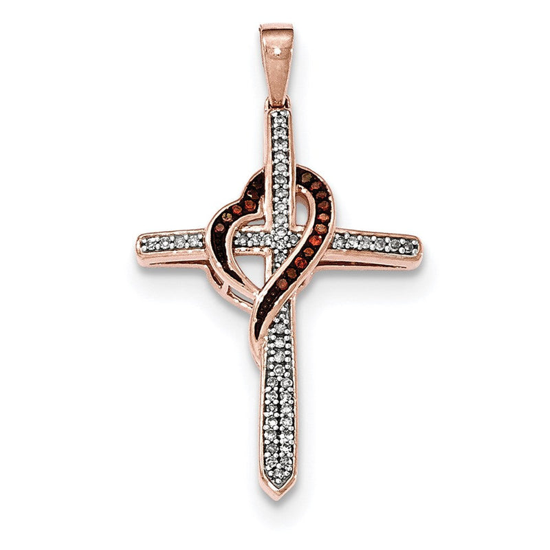 14K Roségold Kreuz-Herz-Anhänger mit roten und weißen echten Diamanten