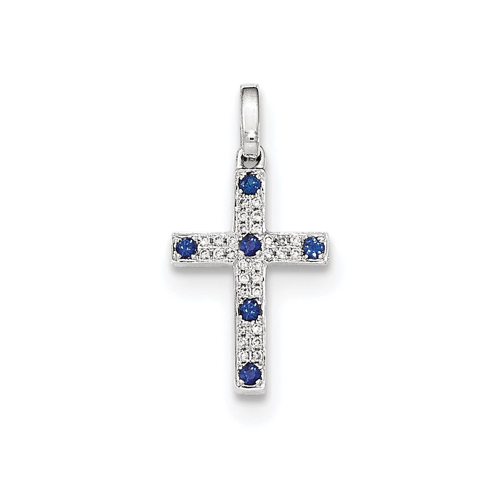 14K Weißgold Kreuzanhänger mit echten Diamanten und Saphiren