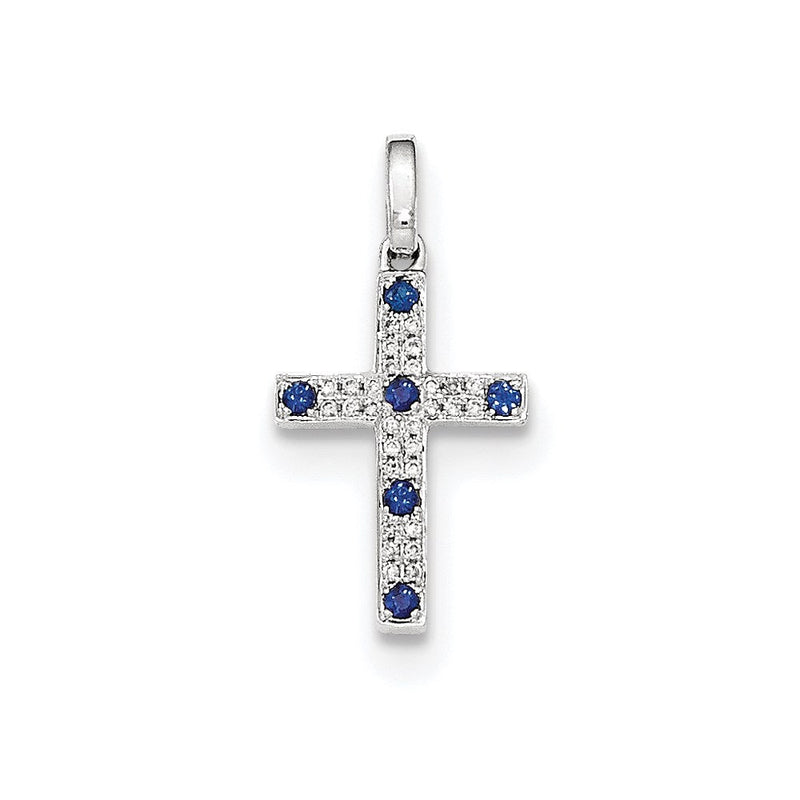 14K Weißgold Kreuzanhänger mit echten Diamanten und Saphiren
