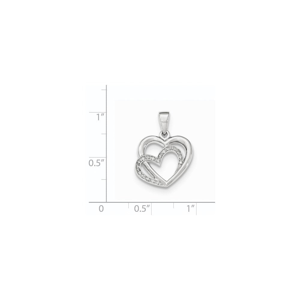 14K Weißgold polierter Anhänger mit echten Diamantherzen