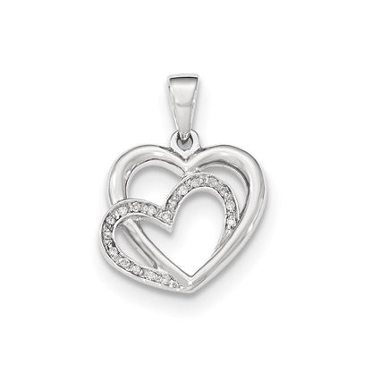 14K Weißgold polierter Anhänger mit echten Diamantherzen