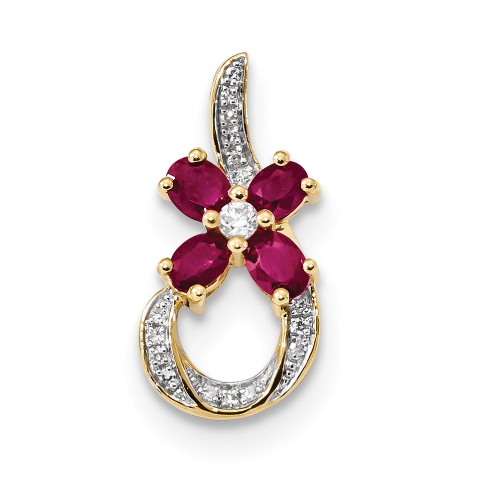 14K Gelbgold Echt Diamant und Rubin Blumen Anhänger