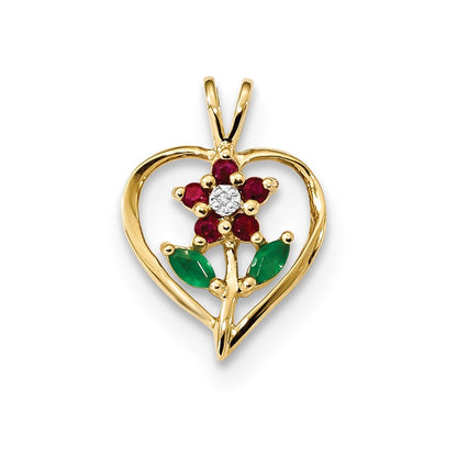 14K Gelbgold Anhänger mit Siam-Rubin, Smaragd und echtem Diamant