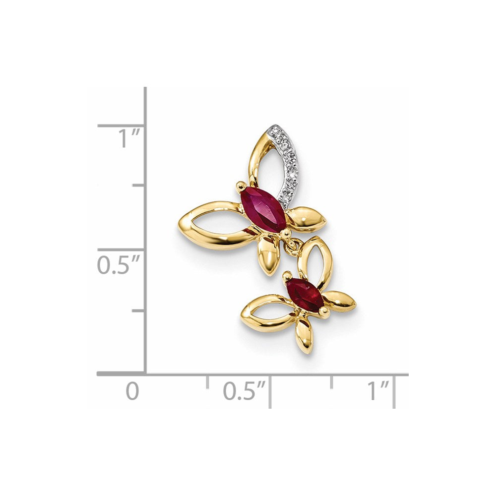 14K Gelbgold Echt Diamant & Rubin Doppelt Schmetterling Kette Anhänger