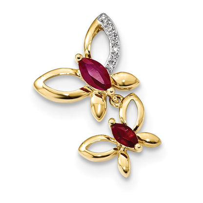 14K Gelbgold Echt Diamant & Rubin Doppelt Schmetterling Kette Anhänger