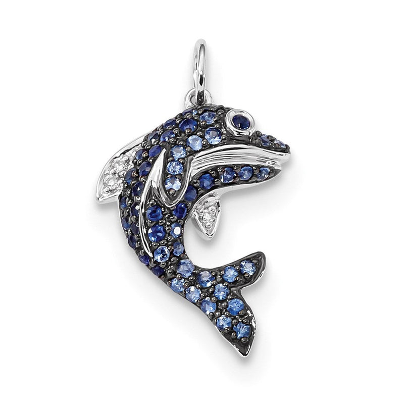 14K Weißgold Anhänger „Delfin" mit Diamant und blauem Saphir