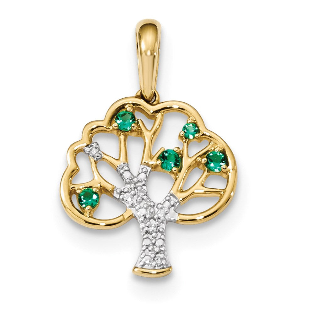 14K Gelbgold mit gezüchtetem Smaragd & echtem Diamant, poliert, Anhänger