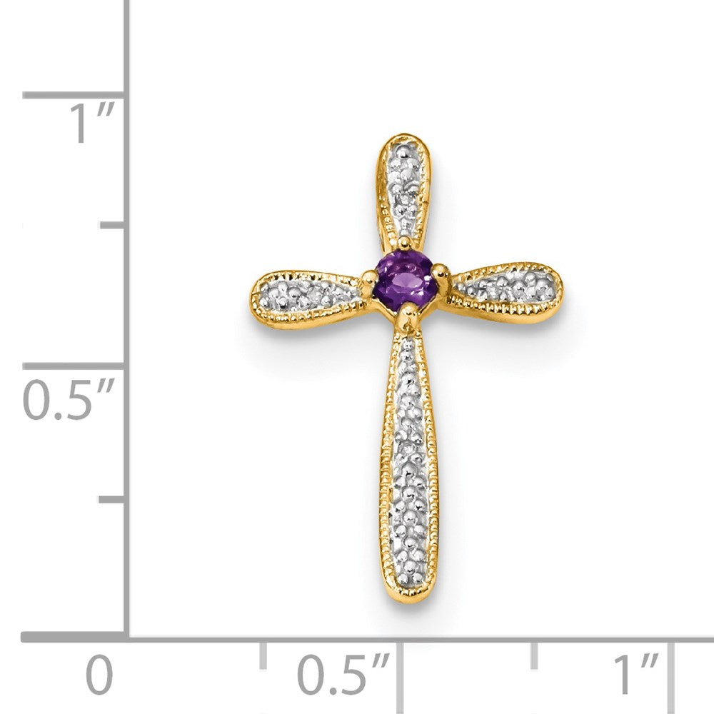 14K Gelbgold rhodiniert Kreuzanhänger mit echtem Diamant und Amethyst, poliert