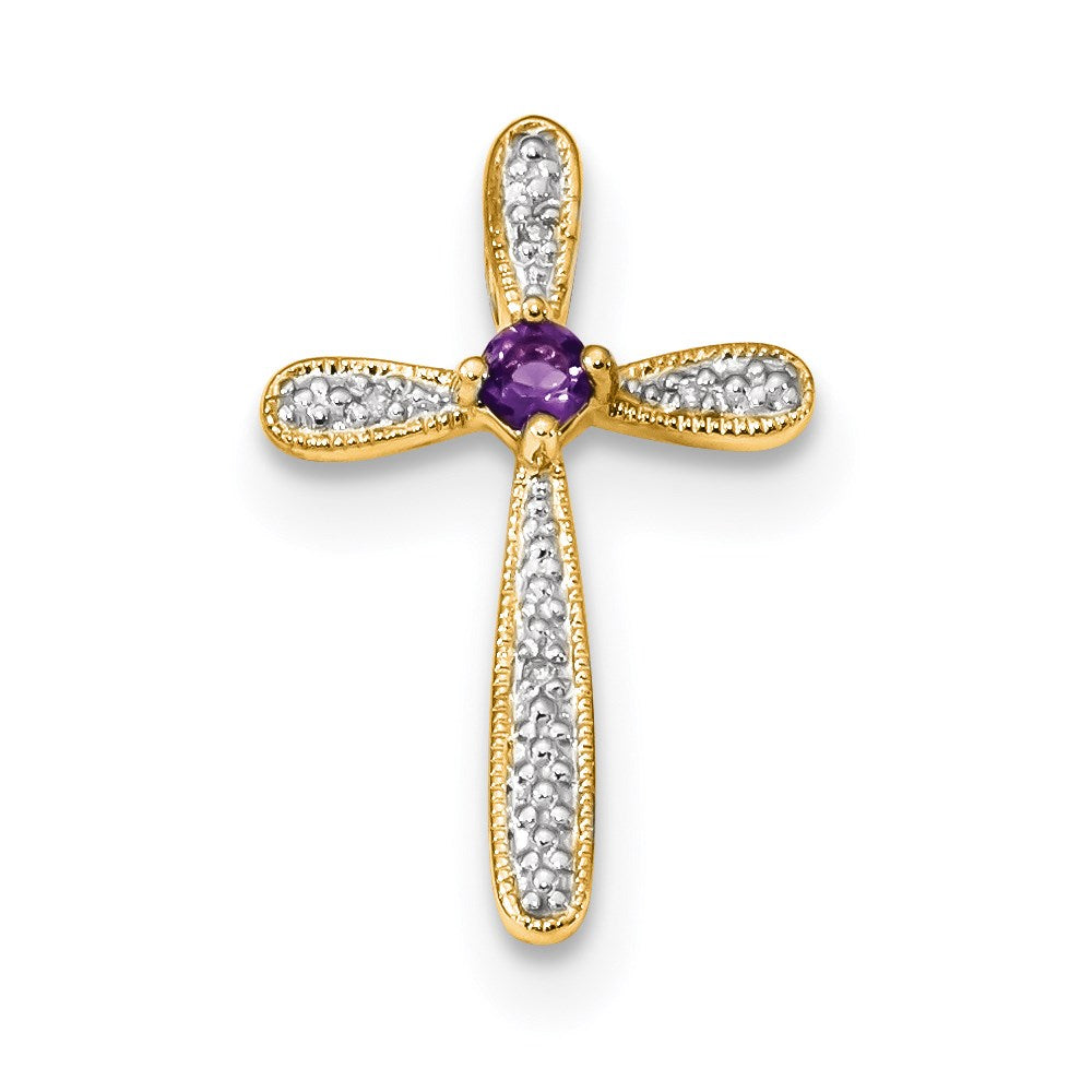 14K Gelbgold rhodiniert Kreuzanhänger mit echtem Diamant und Amethyst, poliert