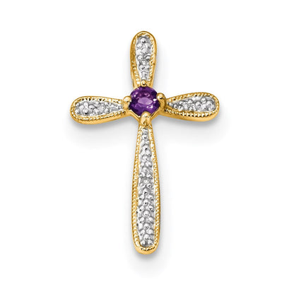 14K Gelbgold rhodiniert Kreuzanhänger mit echtem Diamant und Amethyst, poliert