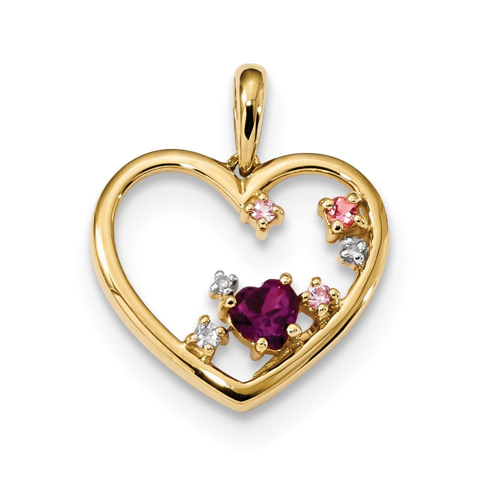 14K Gelbgold Rhodolith Granat Rosa Tour. & Rosa Sapp. & Diamant Poliert Herz P