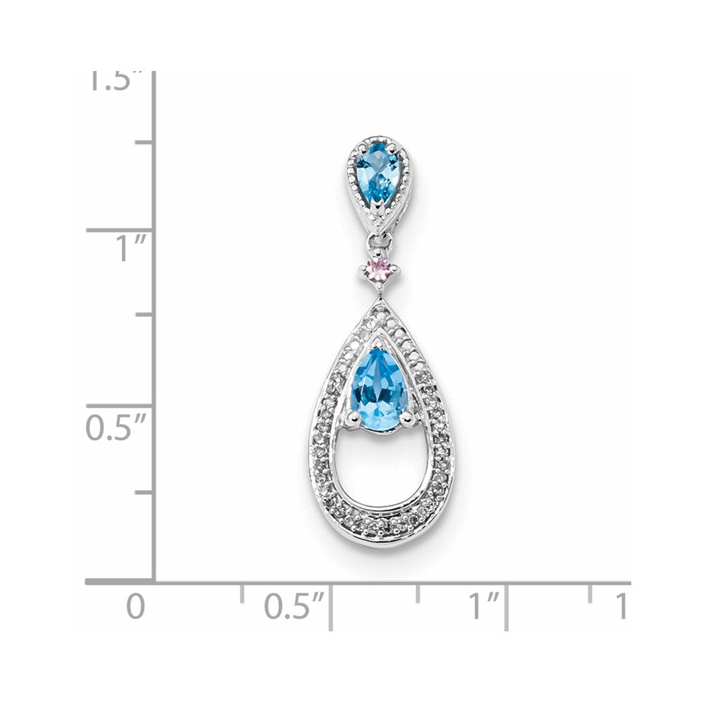 14K Weißgold Anhänger mit Diamant, Blautopas und rosa Saphir