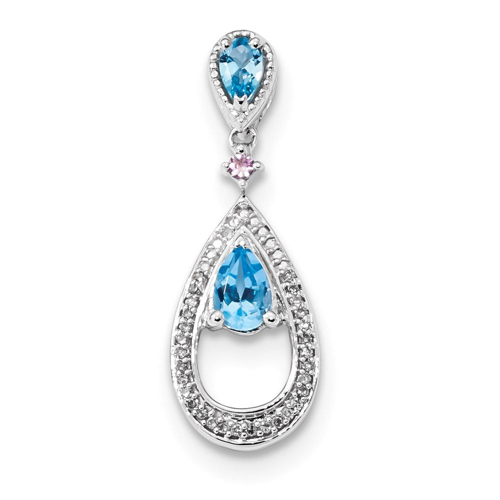 14K Weißgold Anhänger mit Diamant, Blautopas und rosa Saphir