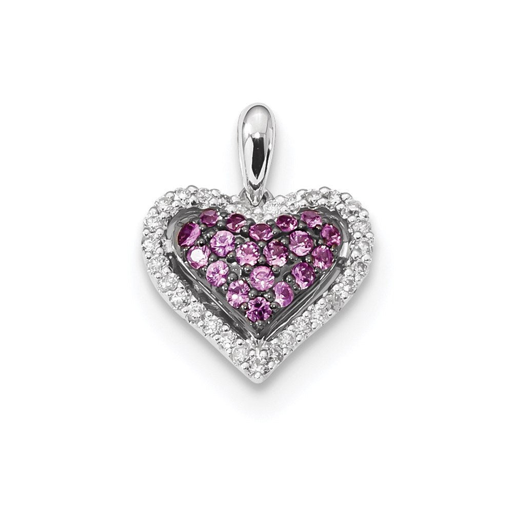 14K Weißgold Herz-Anhänger mit echten Diamanten und rosa Saphiren