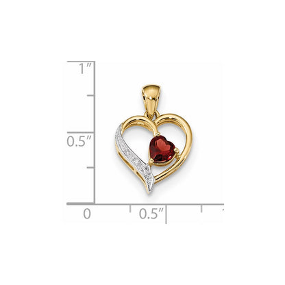 14K Gelbgold mit Rhodium, poliert, Herzanhänger mit echtem Diamant und Granat