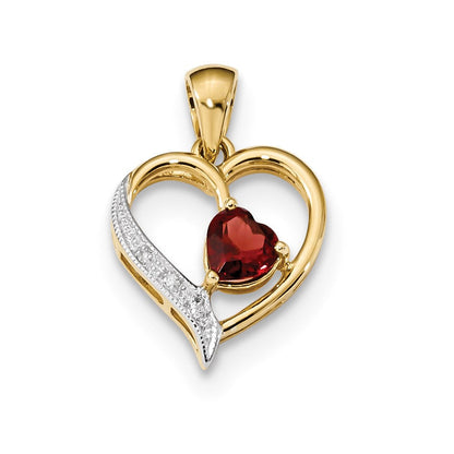 14K Gelbgold mit Rhodium, poliert, Herzanhänger mit echtem Diamant und Granat